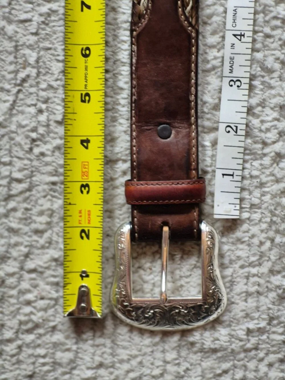 Tony Lama Aged Bark Leather Badlands Belt Horse Hair Nylon Inlay Western 38